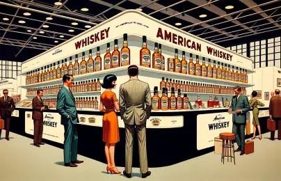 Vintage whiskey expo illustration with onlookers.