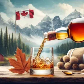 Whiskey pouring into glass, Canadian flag, mountain backdrop.