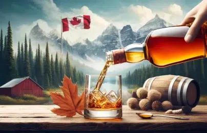 Whiskey pouring into glass, Canadian flag, mountain backdrop.