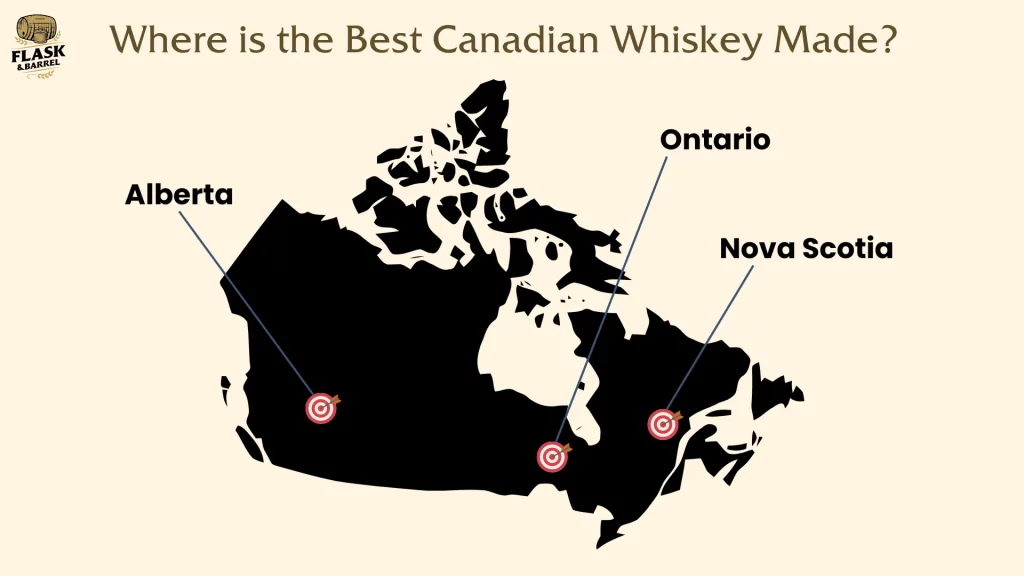 Map highlighting Canadian whiskey regions: Alberta, Ontario, Nova Scotia.