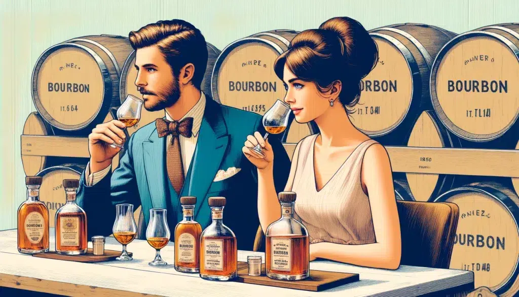 Elegant couple tasting bourbon near whiskey barrels.