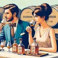 Elegant couple tasting bourbon near whiskey barrels.