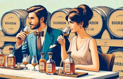 Elegant couple tasting bourbon near whiskey barrels.