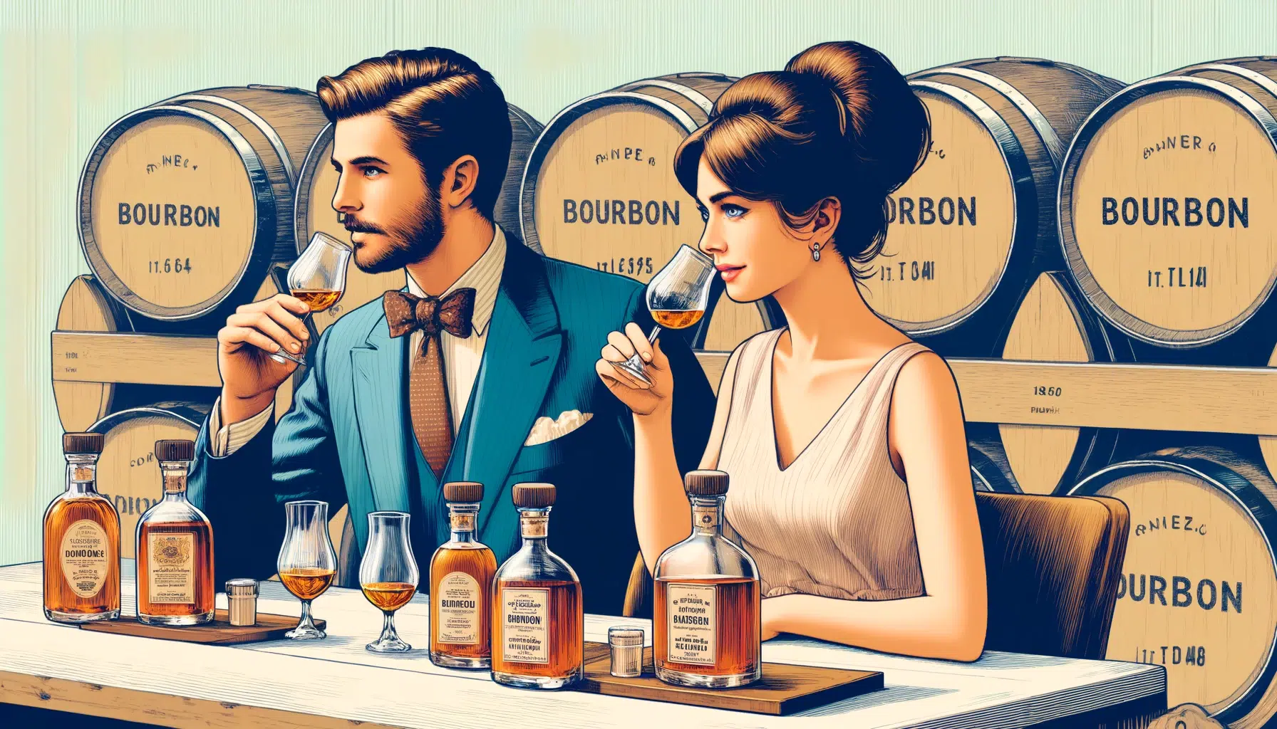 Elegant couple tasting bourbon near whiskey barrels.