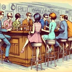 Illustration of vintage bar scene with people socializing.