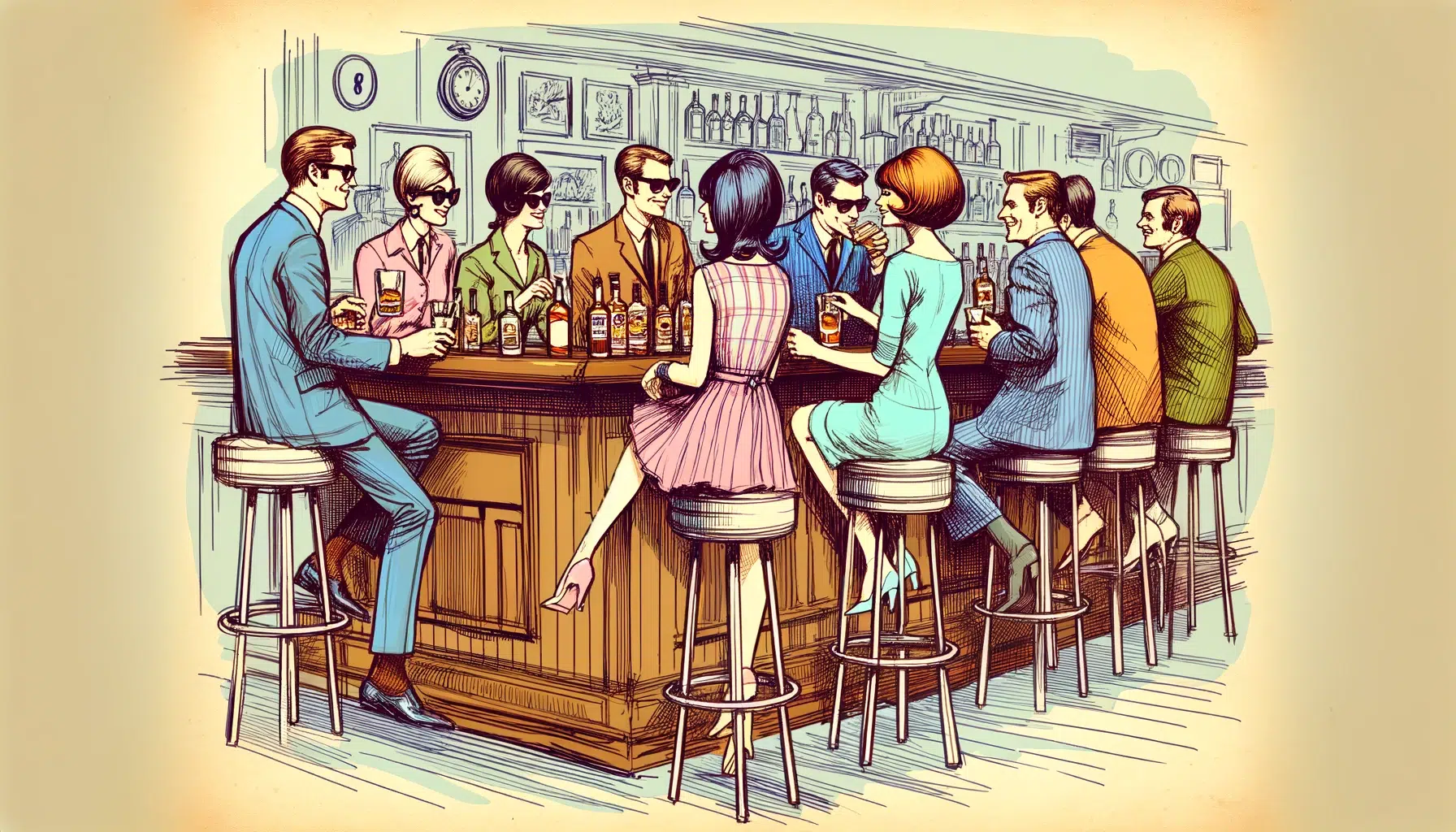 Illustration of vintage bar scene with people socializing.