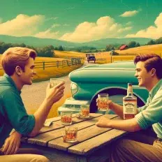 Two men sitting, drinking beside classic car, rural backdrop.