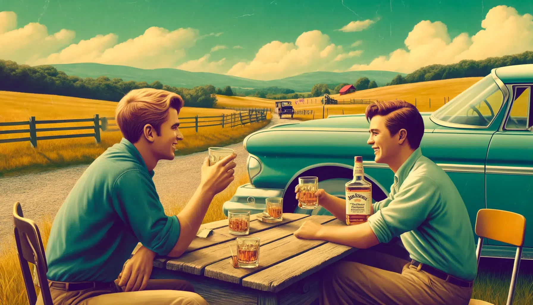Two men sitting, drinking beside classic car, rural backdrop.