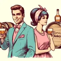 Vintage couple enjoying whiskey by barrels.