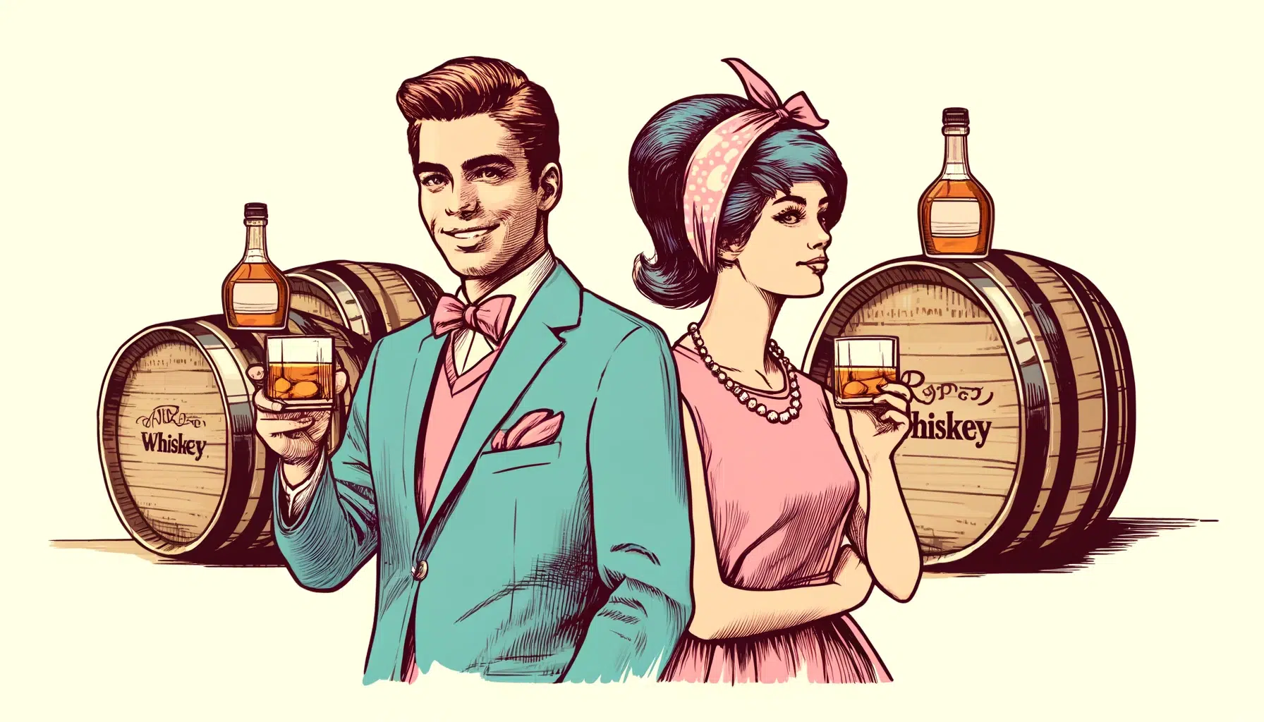 Vintage couple enjoying whiskey by barrels.