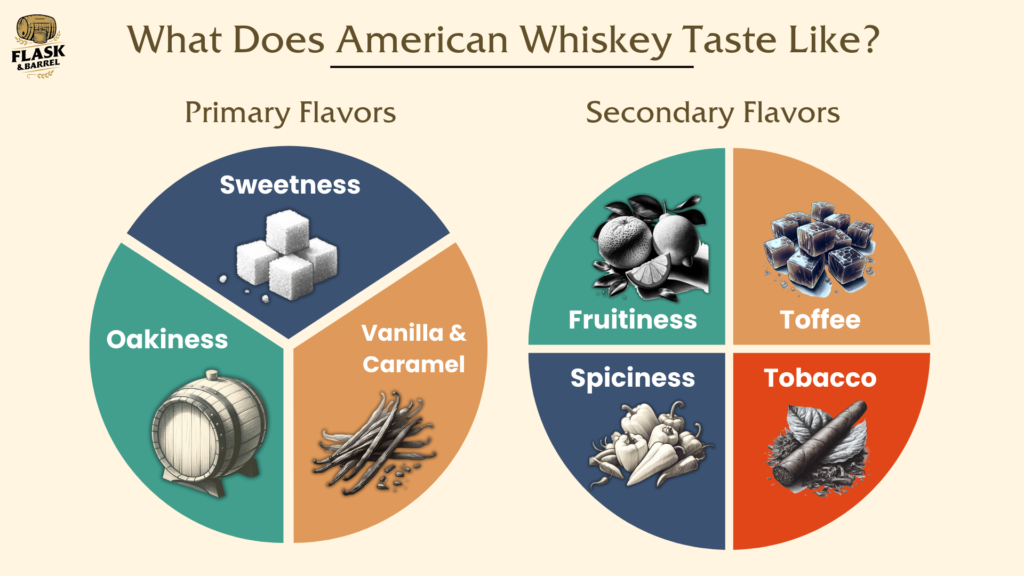 Infographic of American whiskey flavors: sweetness, fruitiness, and spice.