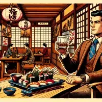 Man holding tea in traditional Japanese restaurant illustration.