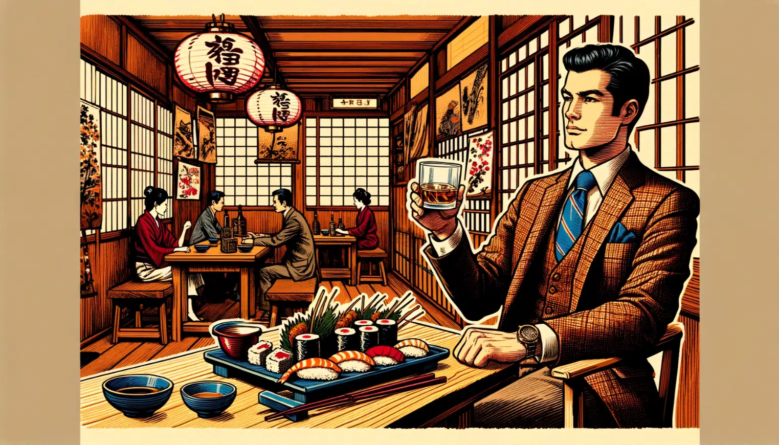 Man holding tea in traditional Japanese restaurant illustration.