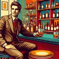 Man sitting at retro style bar with whiskey.