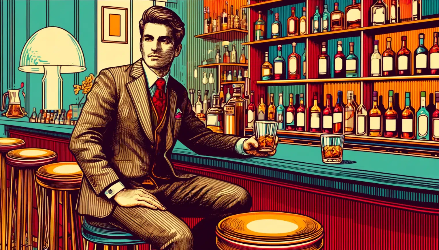 Man sitting at retro style bar with whiskey.