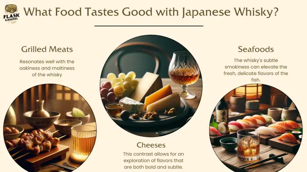 Pairing Japanese whisky with meats, cheeses, and seafoods.