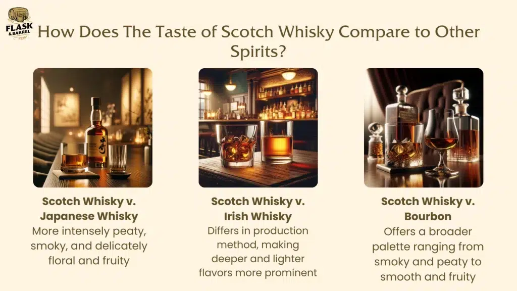 Comparing Scotch whisky flavors to Japanese, Irish, and Bourbon spirits.