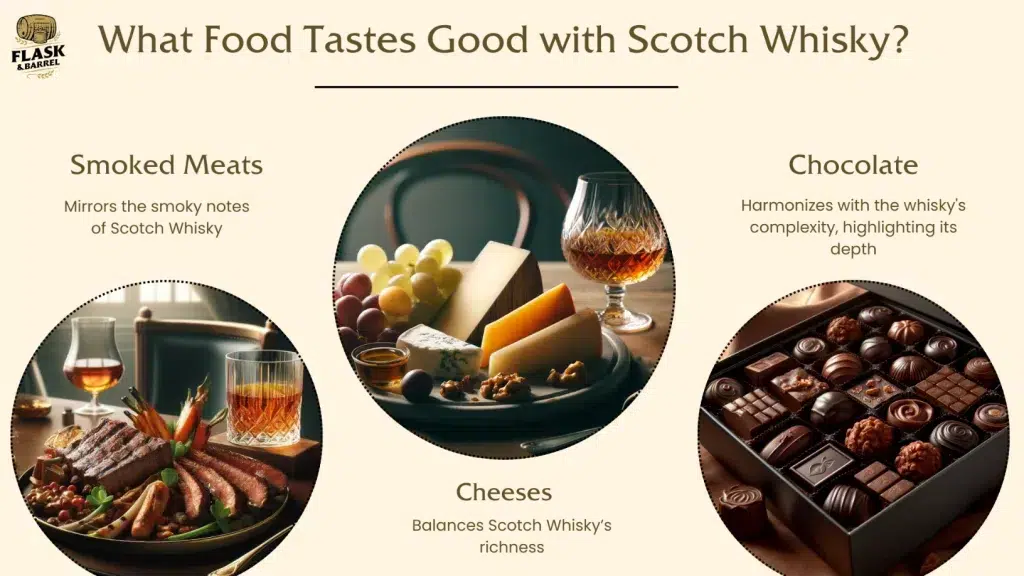 Scotch whisky pairing with smoked meats, cheeses, chocolate.