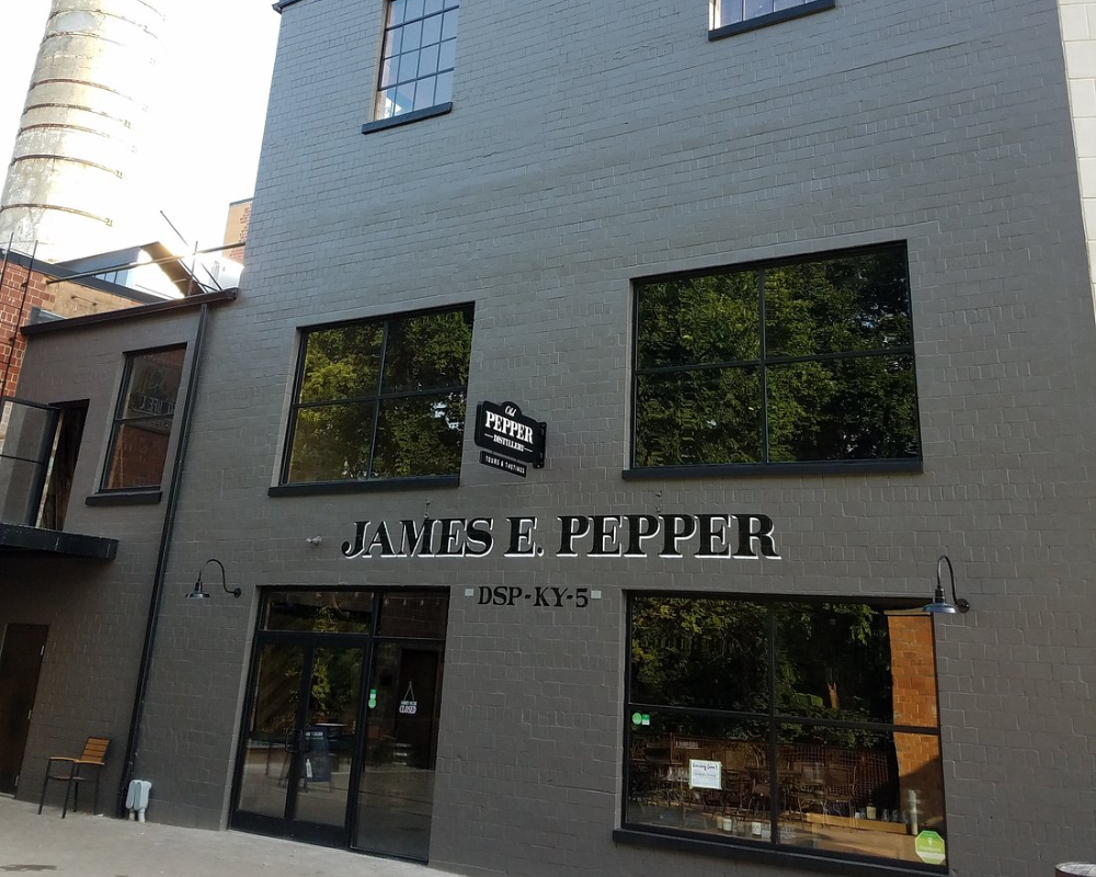 James E. Pepper Distillery exterior building façade.