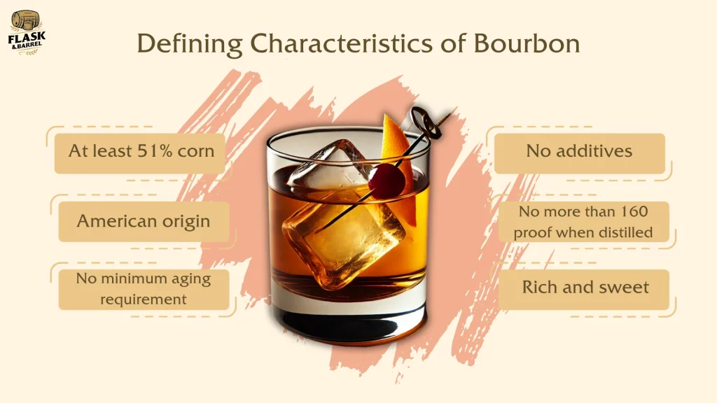 Characteristics of bourbon: 51% corn, no additives, American origin.