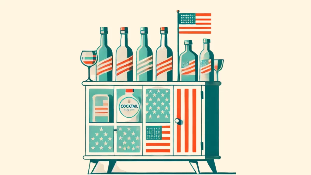 American-themed liquor cabinet with bottles and flags