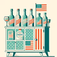 American-themed liquor cabinet with bottles and flags