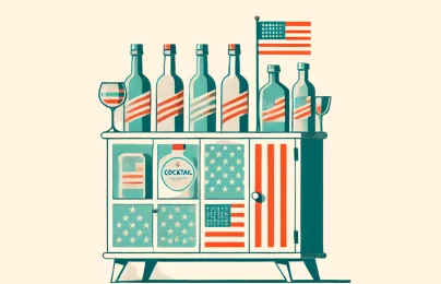 American-themed liquor cabinet with bottles and flags