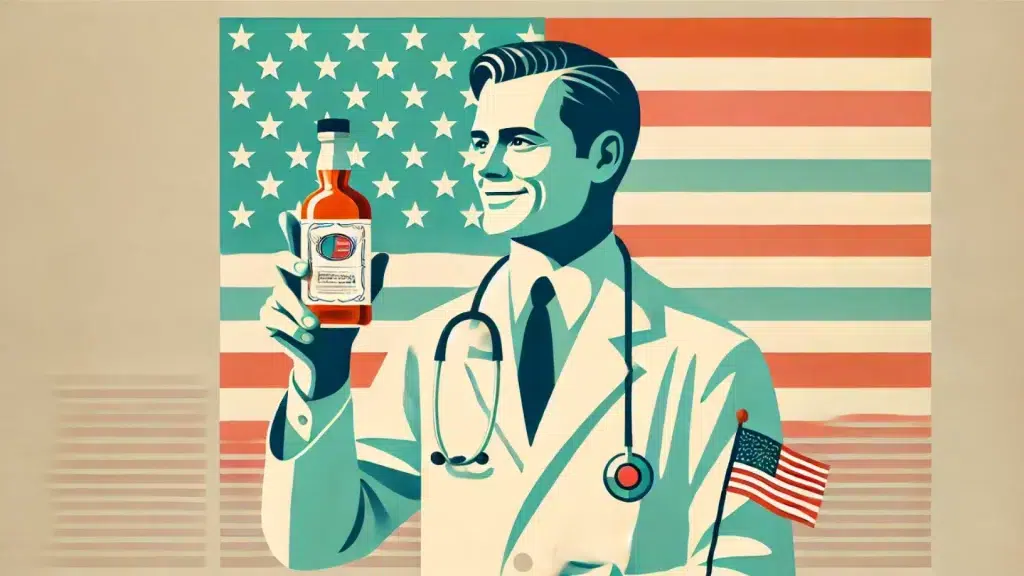 Doctor holding medicine bottle, American flag background.