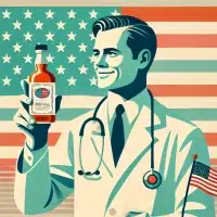 Doctor holding medicine bottle, American flag background.