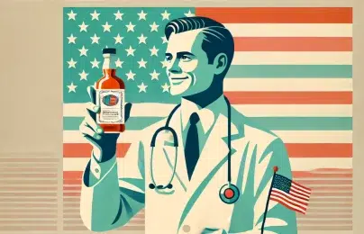 Doctor holding medicine bottle, American flag background.