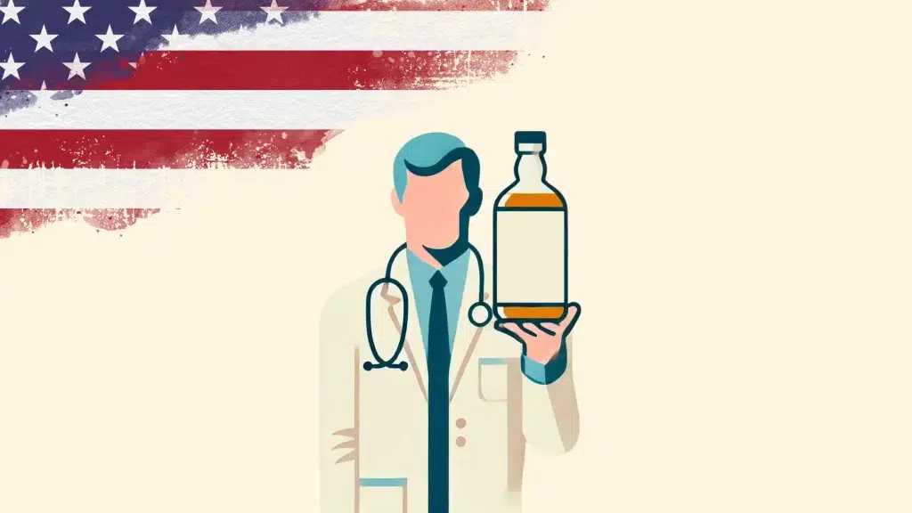 Doctor holding medicine with American flag background.