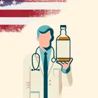 Doctor holding medicine with American flag background.