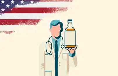 Doctor holding medicine with American flag background.