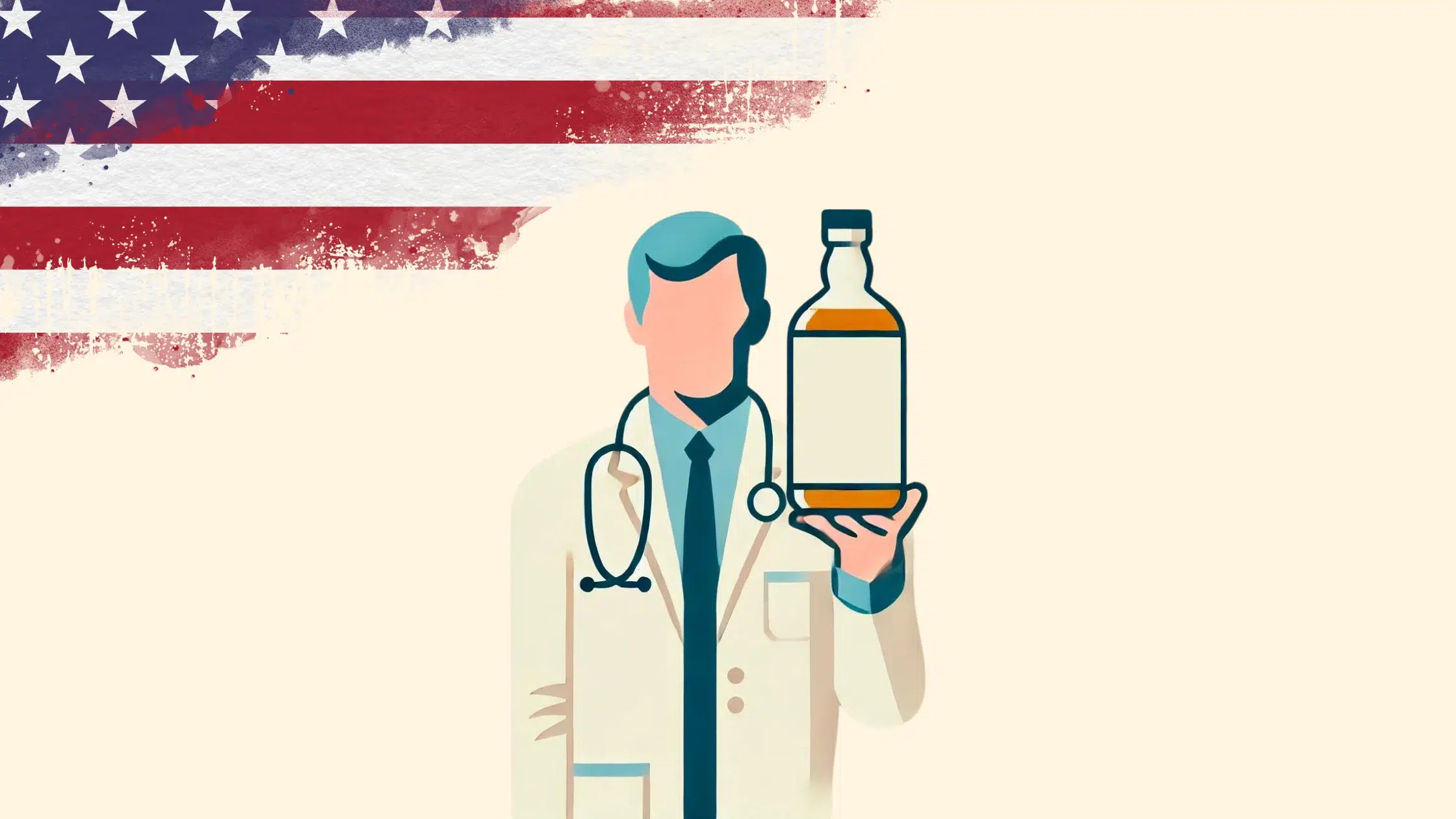 Doctor holding medicine with American flag background.