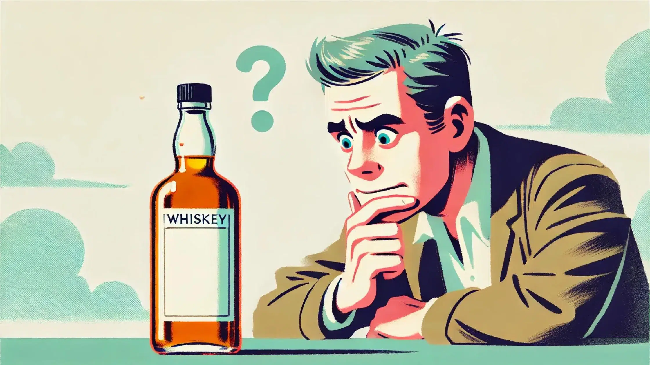 Man thinking about whiskey bottle.