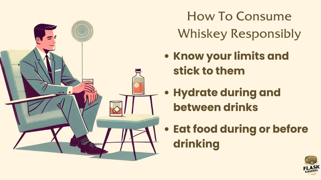 Tips for responsible whiskey drinking: hydrate, eat, know limits.