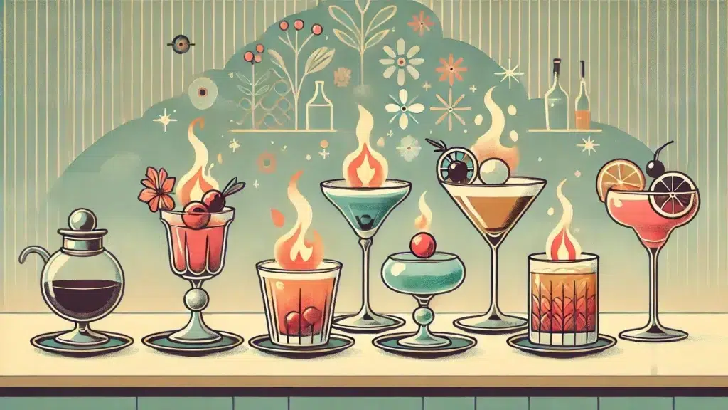 Illustration of flaming cocktails on bar counter