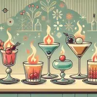 Illustration of flaming cocktails on bar counter