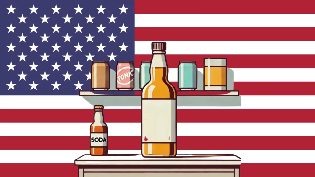 American flag behind bottles and cans on shelves