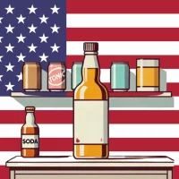 American flag behind bottles and cans on shelves