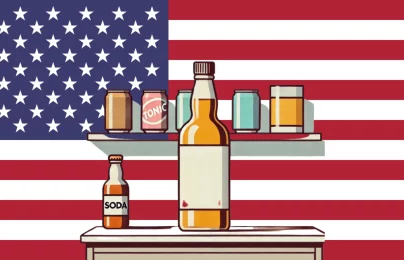 American flag behind bottles and cans on shelves