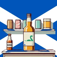 Whiskey, soda, and mixers in front of Scottish flag.