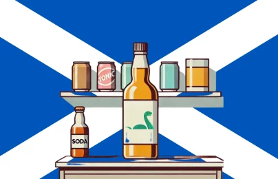 Whiskey, soda, and mixers in front of Scottish flag.