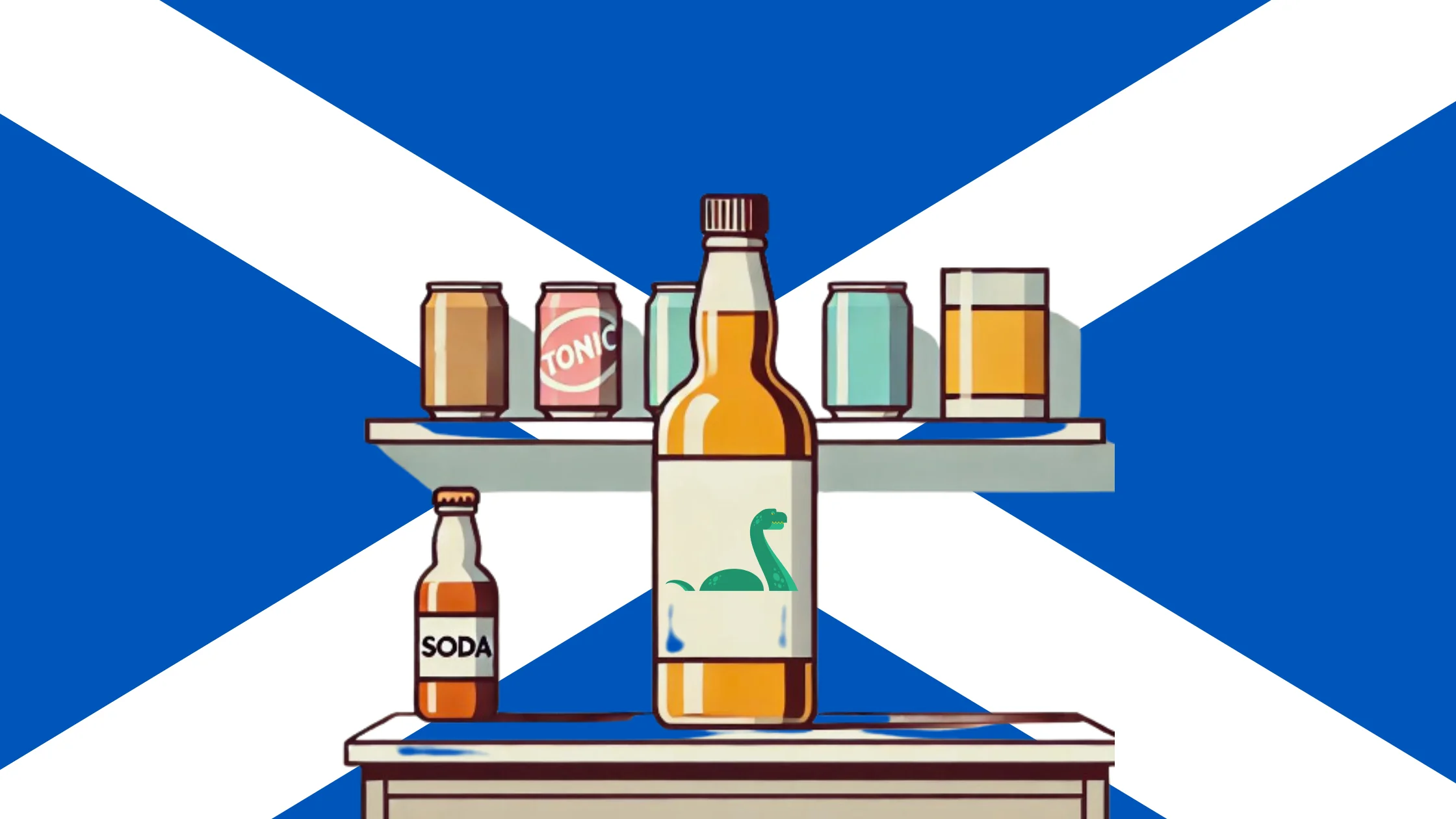 Whiskey, soda, and mixers in front of Scottish flag.