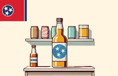 Tennessee flag and soda bottles on shelves.