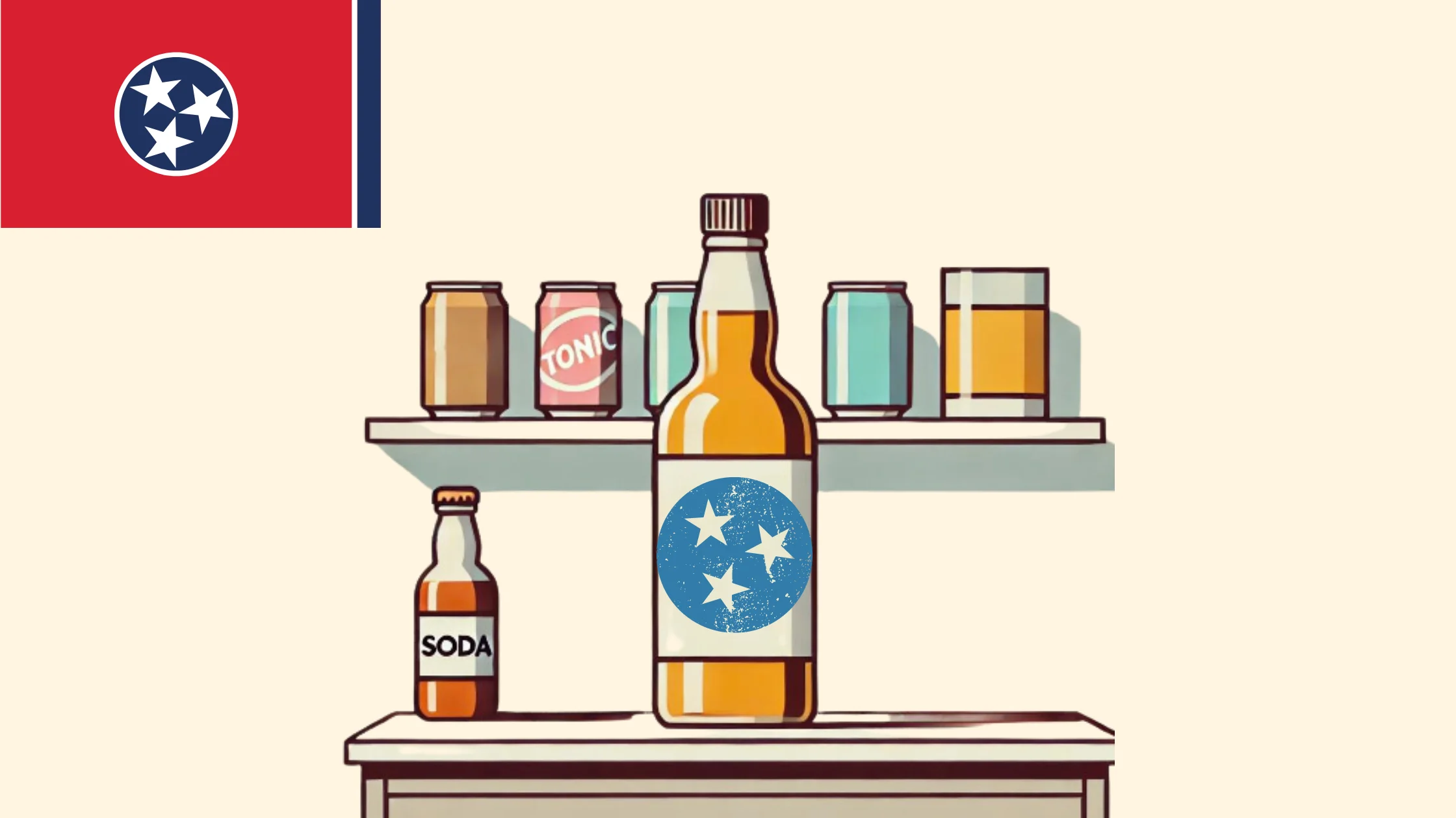 Tennessee flag and soda bottles on shelves.