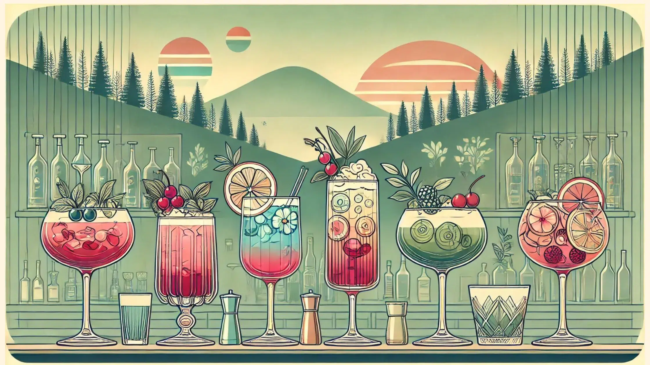 Colorful cocktails with nature background.