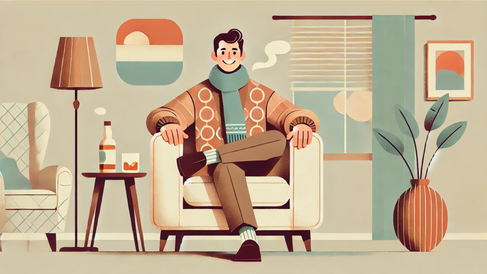 Illustration of man relaxing in cozy living room.