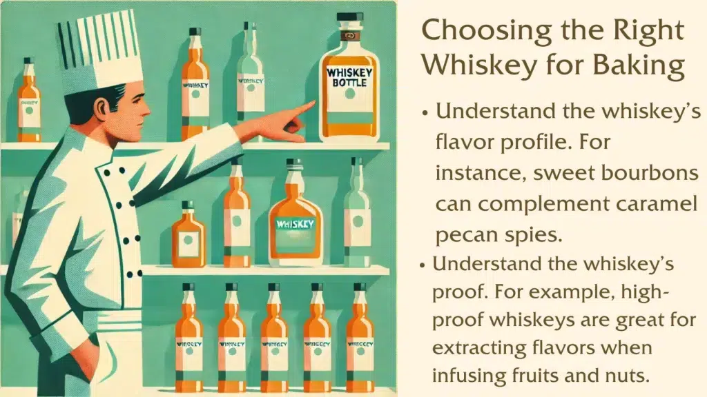 Chef selecting whiskey for baking guidance.