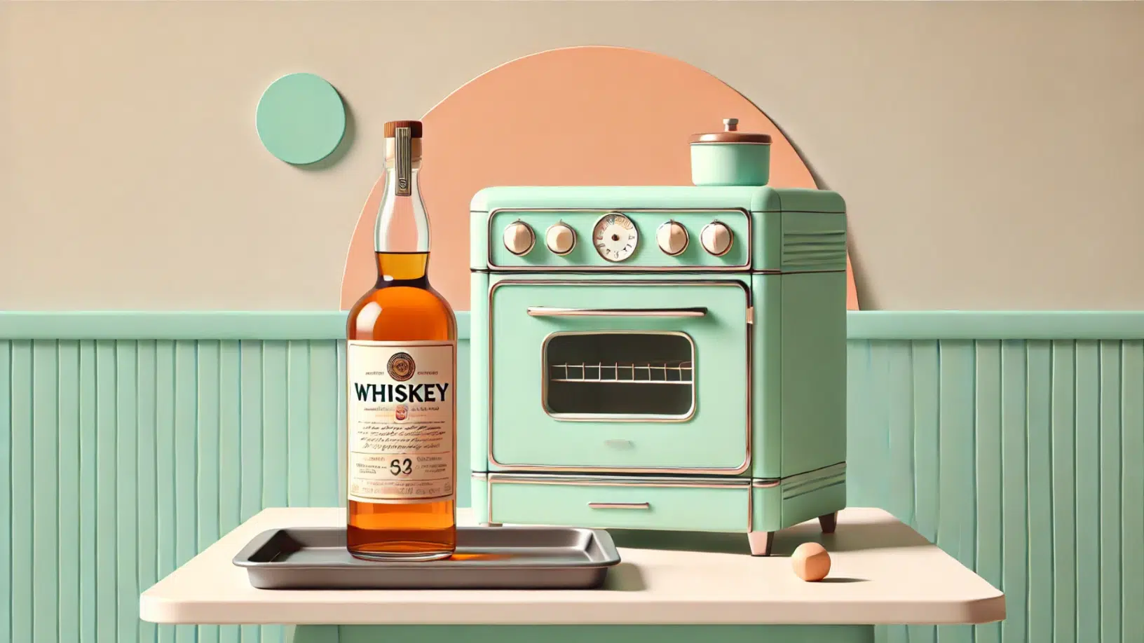 Bottle of whiskey next to vintage mint oven.